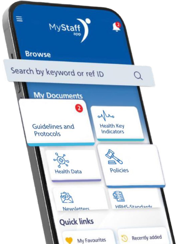 MyStaff on a phone, showing search and the staff member's own guidelines, protocols and policies